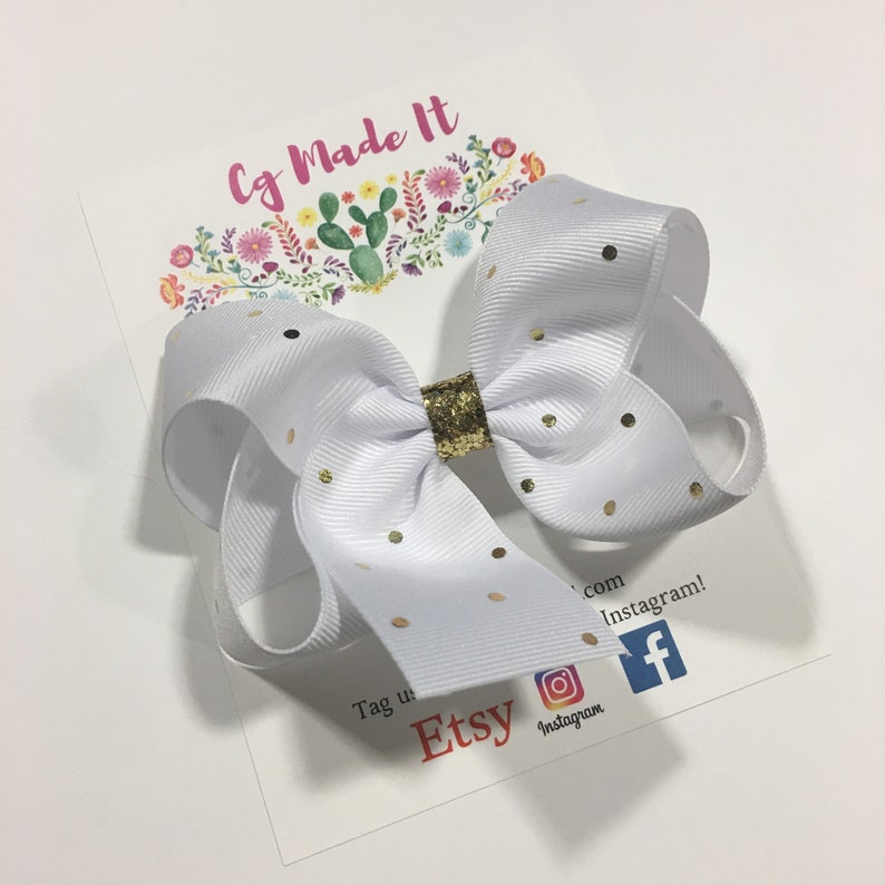 Gold Glitter White and Gold Small Polka Dot Hair Bow