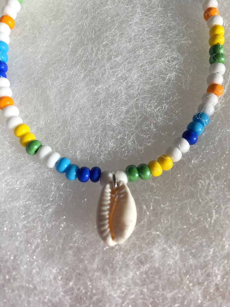 Cowrie shell anklet multicolor seed beads white yellow blue green