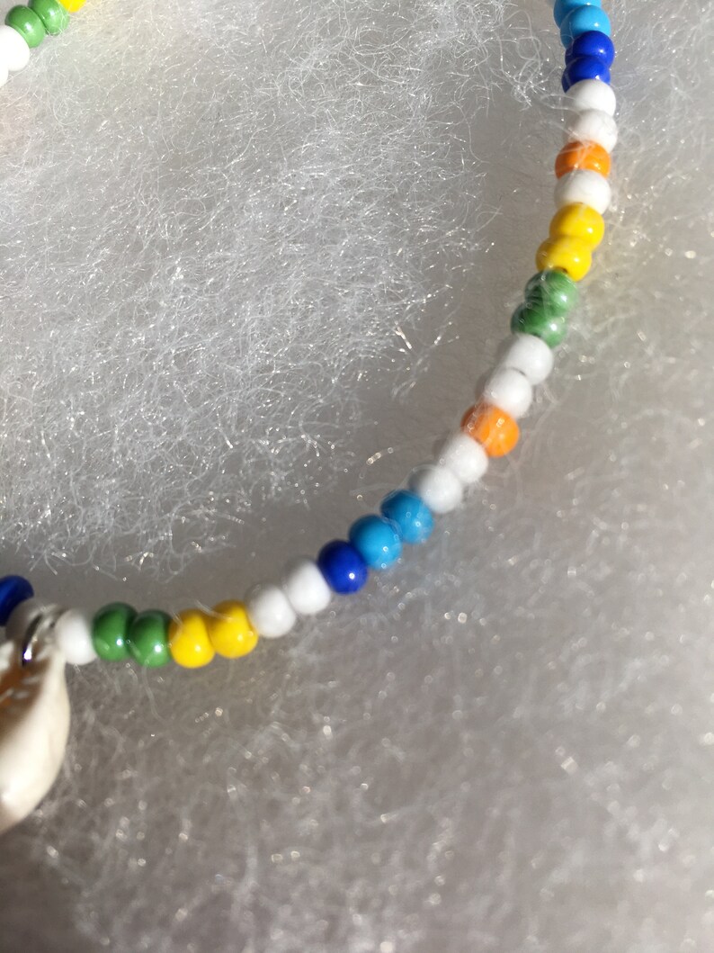 Cowrie shell anklet multicolor seed beads white yellow blue green