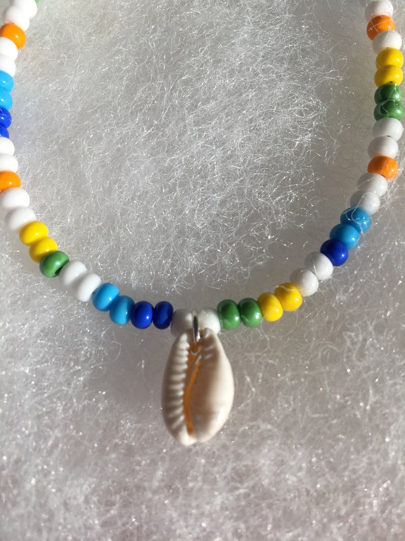 Cowrie shell anklet multicolor seed beads white yellow blue green