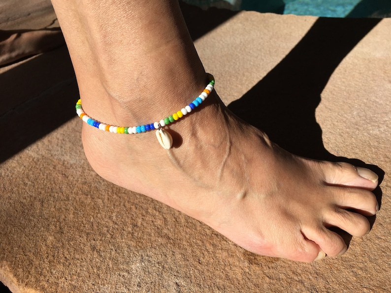 Cowrie shell anklet multicolor seed beads white yellow blue green