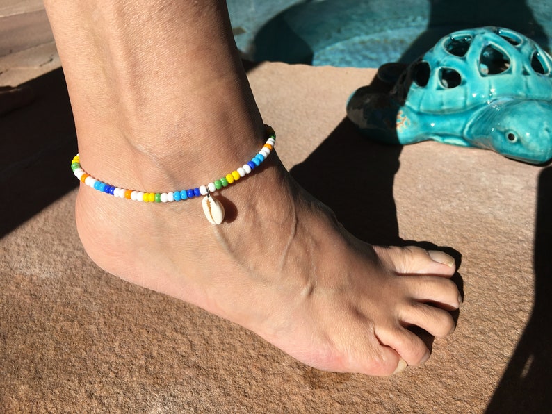 Cowrie shell anklet multicolor seed beads white yellow blue green