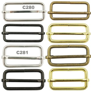 May include: Six metal slider buckles in different finishes: silver, black, antique brass, brass, nickel, and gold. The buckles are labeled C280 and C281.