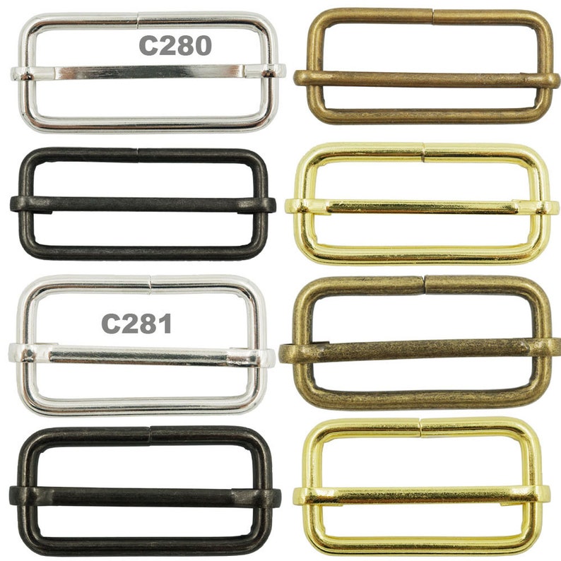 May include: Six metal slider buckles in different finishes: silver, black, antique brass, brass, nickel, and gold. The buckles are labeled C280 and C281.