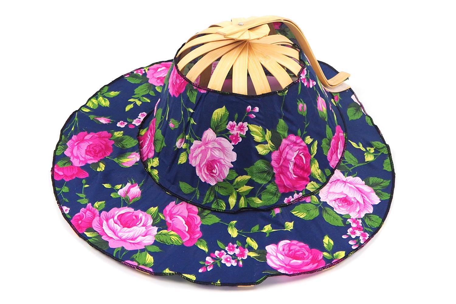 VTG Collapsible Bamboo Travel Hat Folding Packable Sun Hat Blue Floral Batik Bamboo Folding Fan Hat - Powder Blue Floral | Purple Turtle main image 2