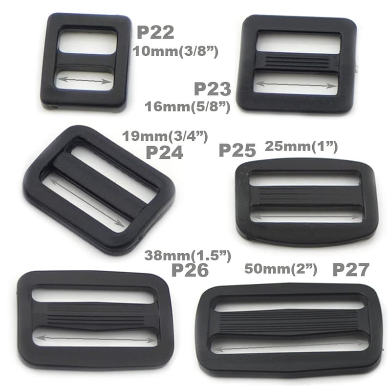 May include: A set of ten black plastic slider buckles in various sizes, ranging from 10mm to 50mm. Each buckle has two parallel slots for webbing or straps. The buckles are labelled with their size and a product code, such as "P22" and "10mm (3/8").
