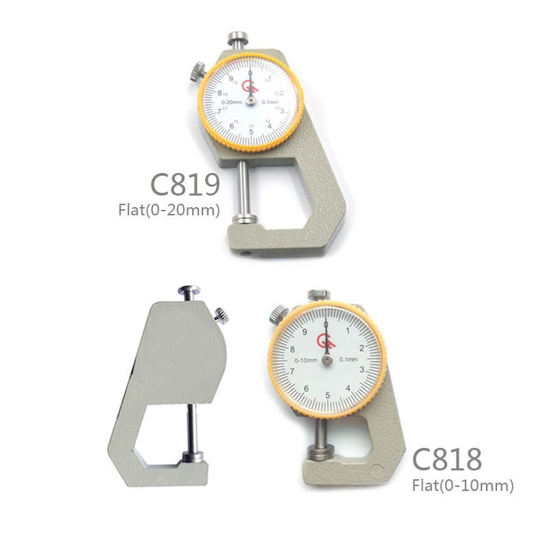 May include: Two dial calipers with a gray metal body and yellow dial faces. The top caliper is labeled "C819 Flat(0-20mm)" and the bottom caliper is labeled "C818 Flat(0-10mm)".