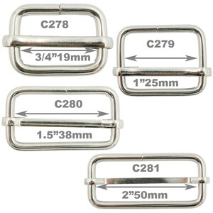 May include: Four silver metal belt buckle sliders in different sizes. The sizes are 3/4 inch, 1 inch, 1.5 inches, and 2 inches. Each buckle is labeled with a product code and the size in inches and millimeters.