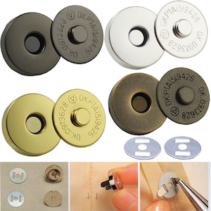May include: Four sets of magnetic snap closures in gold, silver, bronze, and black. Each set includes two round pieces with a hole in the center and the text "OKPTAI519426 OK 0613628" on the back. Two silver metal plates are also included.