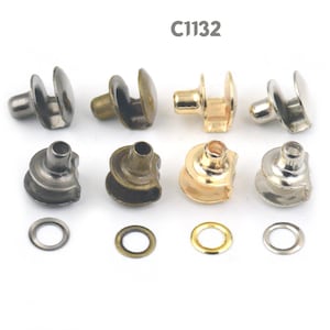 May include: Assortment of metal eyelets in silver, gold, and bronze finishes. The eyelets are designed for use with fabric or leather. The image also shows matching grommets in silver, gold, and bronze.