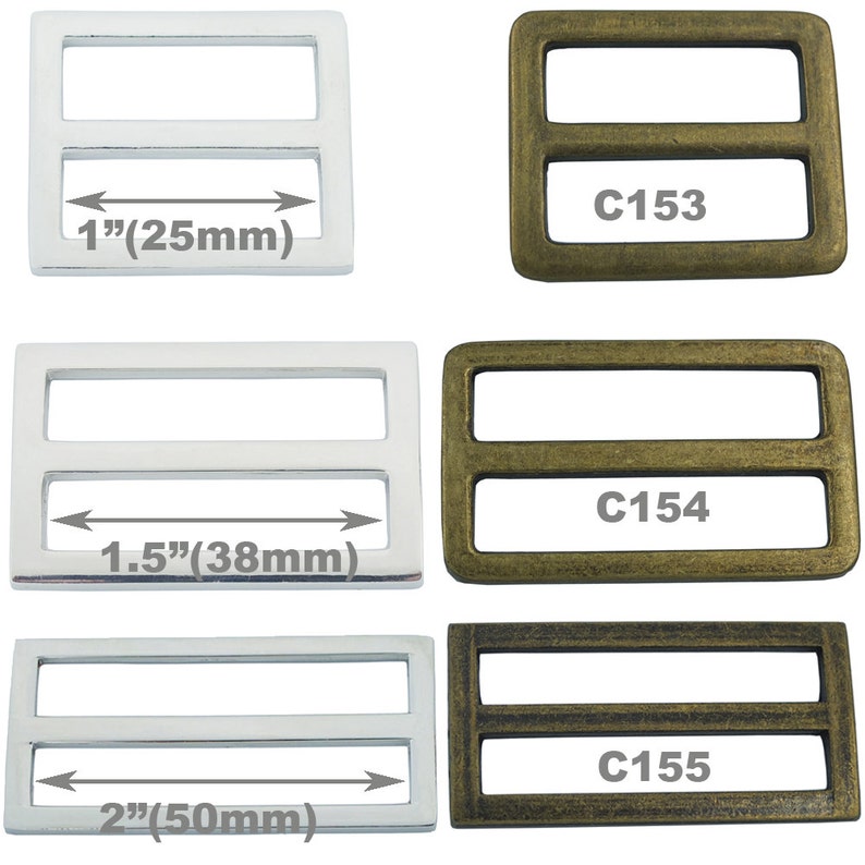 May include: Three silver and gold metal slider buckles with two bars. The buckles are 1 inch, 1.5 inches, and 2 inches wide. The buckles are labeled C153, C154, and C155.