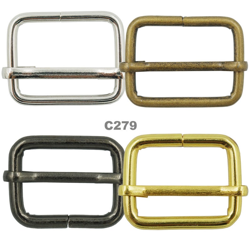 May include: Four metal buckle slides in different finishes: silver, brass, black, and gold. The buckles are rectangular with a center bar and are commonly used for straps, belts, and bags.