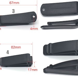 Puede incluir: Dos clips de pl&aacute;stico negro con medidas en cent&iacute;metros. El primer clip mide 17 cm de largo y 4 cm de ancho. El segundo clip mide 16 cm de largo y 4,5 cm de ancho.