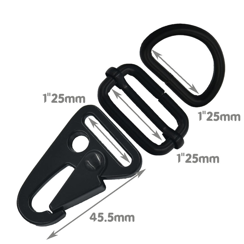 May include: Black metal clip with a 1 inch (25 mm) wide loop and a 1 inch (25 mm) wide buckle. The clip is 45.5 mm long.