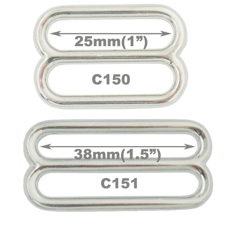 May include: Two silver metal slider buckles. The top buckle is 1 inch (25 mm) wide and labeled C150. The bottom buckle is 1.5 inches (38 mm) wide and labeled C151.