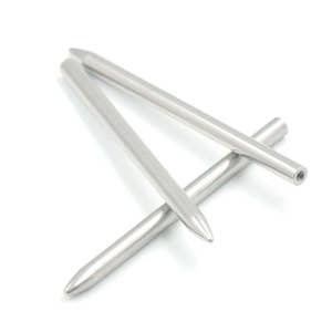 May include: Three silver metal knitting needles with pointed tips.