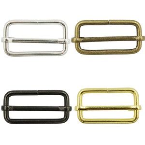 May include: Four metal slider buckles in different finishes: silver, antique brass, black, and gold. Each buckle is rectangular with a center bar.