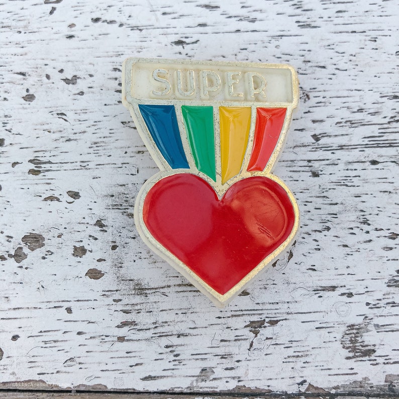 Vintage Valentine\u2019s Day Super Rainbow Heart lapel pin Cute Vintage Valentine\u2019s Day Hallmark lapel pin