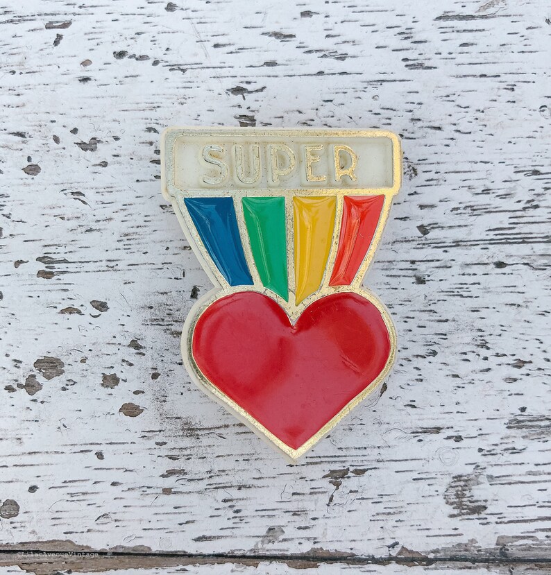 Vintage Valentine\u2019s Day Super Rainbow Heart lapel pin Cute Vintage Valentine\u2019s Day Hallmark lapel pin