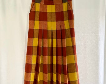 Vintage 80’s Pleated Plaid Wool Midi Skirt with Leather Detail, Jean Francois, FREE SHIPPING