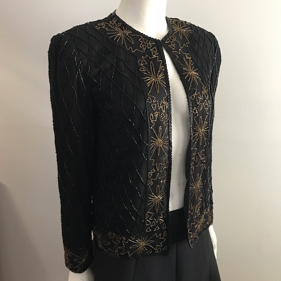 Vintage 80's Black and Gold Beaded Jacket Cardigan - image 5