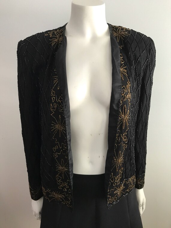 Vintage 80's Black and Gold Beaded Jacket Cardigan - image 2