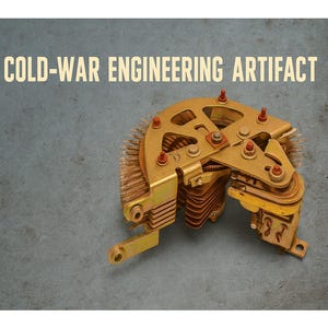 Puede incluir: Un artefacto de ingeniería de la Guerra Fría de color dorado con detalles rojos. El artefacto tiene un diseño complejo de múltiples capas con numerosos componentes pequeños y una superficie texturizada. El texto "COLD-WAR ENGINEERING ARTIFACT" se muestra arriba.