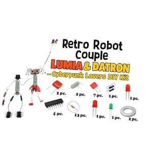 May include: A DIY kit for a retro robot couple, featuring the names LUMIA & DATRON. The kit includes various electronic components like LEDs, resistors, and integrated circuits, perfect for a cyberpunk-themed project. The text on the image says "Cyberpunk Lovers DIY Kit".