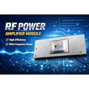 May include: An RF Power Amplifier Module is displayed against a blue circuit board background. The module is rectangular, with a silver body and a central square component. Text on the image reads "RF POWER AMPLIFIER MODULE" and lists "High Efficiency" and "Wide Frequency Range."