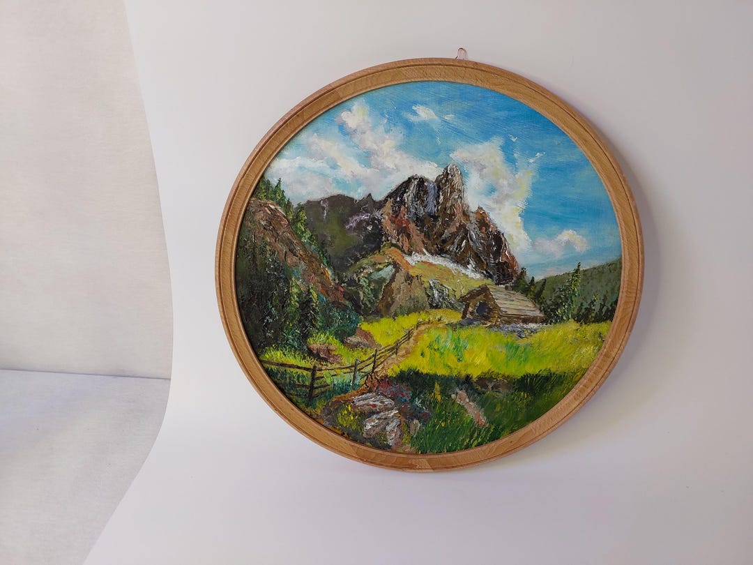 Mountain Escape – Original Oil Painting on Round Canvas | Alpine Cabin ...