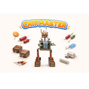 May include: A robot made of electronic components, with a red and orange face, green body, and brown feet. The word "CHIPMASTER" is displayed above the robot. Various electronic parts surround the robot, including resistors and capacitors.