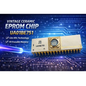 May include: Vintage ceramic EPROM chip with the text "UA01BE751". The chip has a rectangular shape with gold-colored pins and a gold-framed window. The text "Late 80s Technology" and "UV Erasable Memory" are also visible.