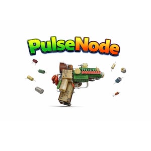 May include: A green and brown ray gun, adorned with electronic components like capacitors and resistors. The word "PulseNode" is written above in a colourful font. Various loose components are scattered around the gun, giving it a unique, steampunk aesthetic.