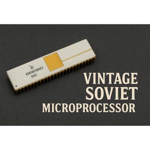 Puede incluir: Un microprocesador soviético vintage con un cuerpo color crema, un cuadrado dorado y pines dorados. El texto "VINTAGE SOVIET MICROPROCESSOR" se muestra en blanco. El chip tiene el texto "KM1801BM3 9101".