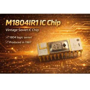 Könnte beinhalten: Ein Vintage M1804IR1 IC-Chip, ein integrierter Schaltkreis aus der Sowjetzeit. Der Chip ist rechteckig mit goldenen Pins und einer silbernen Oberseite mit Text. Der Hintergrund ist goldfarben mit Leiterplattenmustern.