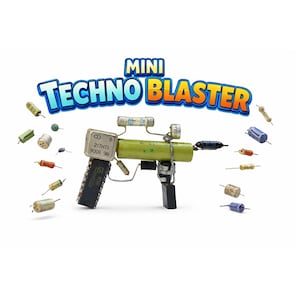 May include: A quirky "Mini Techno Blaster" gun made from electronic parts. The toy gun has a green cylindrical barrel, a black handle, and various resistors and capacitors. The words "Mini Techno Blaster" are displayed in a blue and orange font.