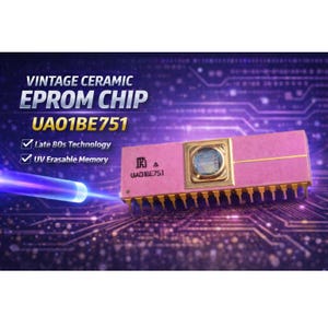 Peut inclure: Une puce EPROM en céramique vintage, modèle UAO1BE751, avec un corps rose et des broches dorées. La puce dispose d'une mémoire effaçable aux UV et d'une technologie de la fin des années 80. Le fond est un motif de circuit imprimé violet.