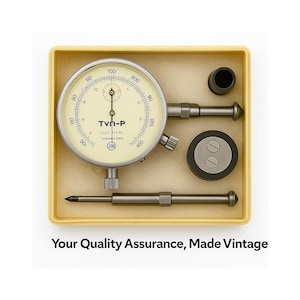 May include: A vintage dial indicator set in a yellow box. The dial gauge has a white face with black markings and a needle. Additional components include cylindrical and disc-shaped pieces. The text "Your Quality Assurance, Made Vintage" is at the bottom.