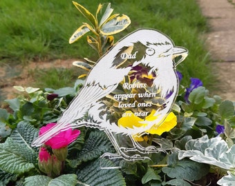 ROBIN Memorial Plaque with Spike, In Memory, Personalised Robins Appear, Plant Pot, Garden or Grave Ornament, Remembrance Sympathy Gift