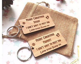 Daddy to be Keyring and or Mummy to be Keyring, Christmas Gift from Baby Bump, Wooden Keyring, Expectant Parent Christmas Stocking Filler