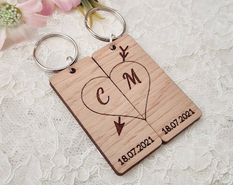 Wooden Anniversary Gift, 5th Wedding Anniversary Gift for Couples, 5 Years Together, Matching Pair of Keyrings, Personalised Initials & Date