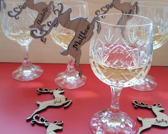 Christmas Reindeer Place Names, Personalised Wine Glass Place Settings, Stag Table Decorations, Wooden Reindeer, Christmas Dinner Name Card