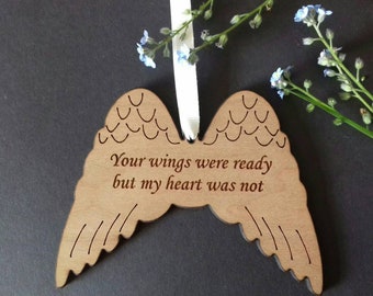 ANGEL Wings Memorial Decoration, In Memory  Keepsake, WOOD Hanging Ornament, Laser Engraved Angel Wings Were Ready Plaque