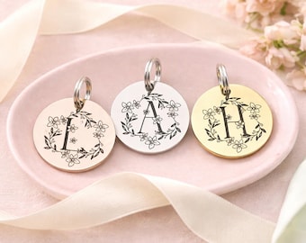 Pet ID Tag, Dog Tag, Cat Tag, Pet Tags, Floral Initial ID Tag, Custom Dog Tag, Personalised Dog Tag, Personalized Cat Tag,