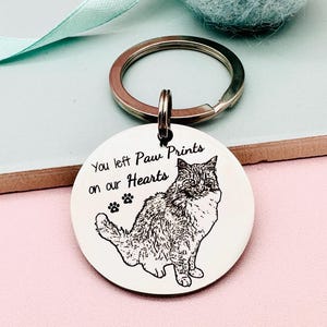 May include: Silver keychain with a round charm that says "You left paw prints on our hearts" with a paw print symbol and a black and white illustration of a cat.
