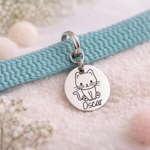 May include: A light blue cat collar with a silver tag. The tag features a cartoon cat illustration and the name "Oscar". The collar is made of a woven material.