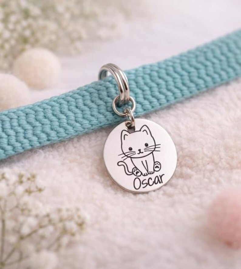 May include: A light blue cat collar with a silver tag. The tag features a cartoon cat illustration and the name "Oscar". The collar is made of a woven material.