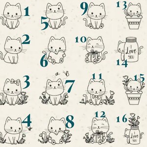 May include: A collection of sixteen black and white line art illustrations of cats, each labeled with a number from one to sixteen. The designs feature cats in various poses, some with flowers, butterflies, gift boxes, or jars labeled I Love You.