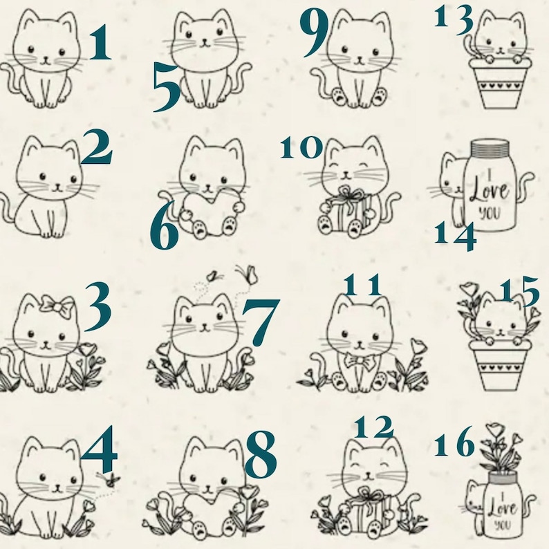 May include: A collection of sixteen black and white line art illustrations of cats, each labeled with a number from one to sixteen. The designs feature cats in various poses, some with flowers, butterflies, gift boxes, or jars labeled I Love You.