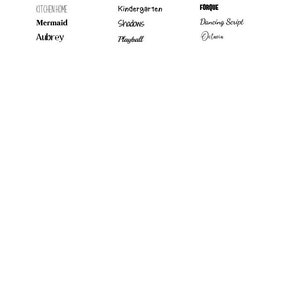 May include: A list of names written in black ink on a white background. The names are divided into three categories: Ink Free, Orle, and Video Game. The names in the Ink Free category are Chewy, Kitchen Home, Mermaid, and Aubrey. The names in the Orle category are Pixie Ring, Kindergarten, Shadows, and Playball. The names in the Video Game category are Cookie, FORQUE, Dancing Script, and Octavia.